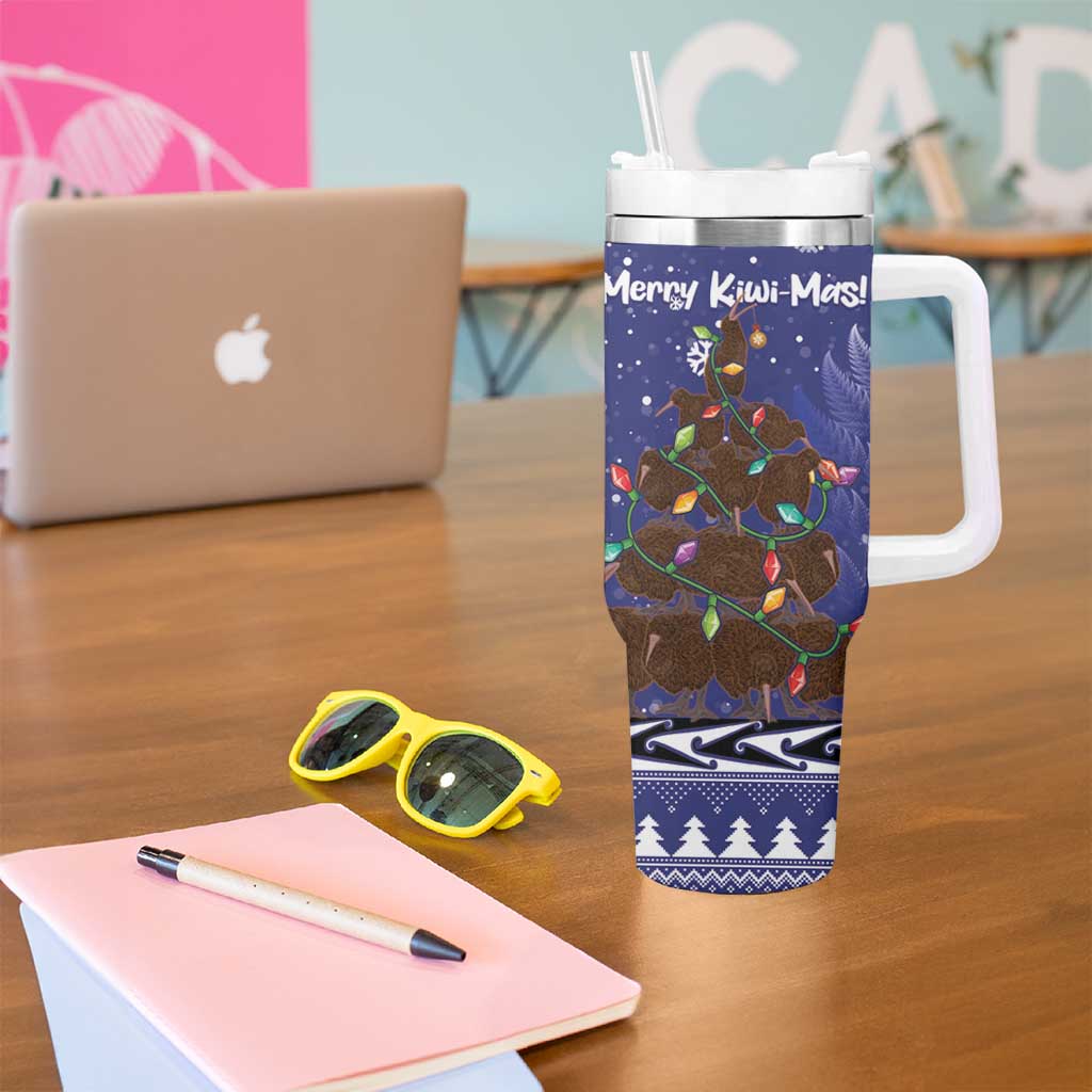 Kiwi New Zealand Christmas Tumbler With Handle Meri Kirihimete Silver Fern - Blue Color LT14 - Polynesian Pride