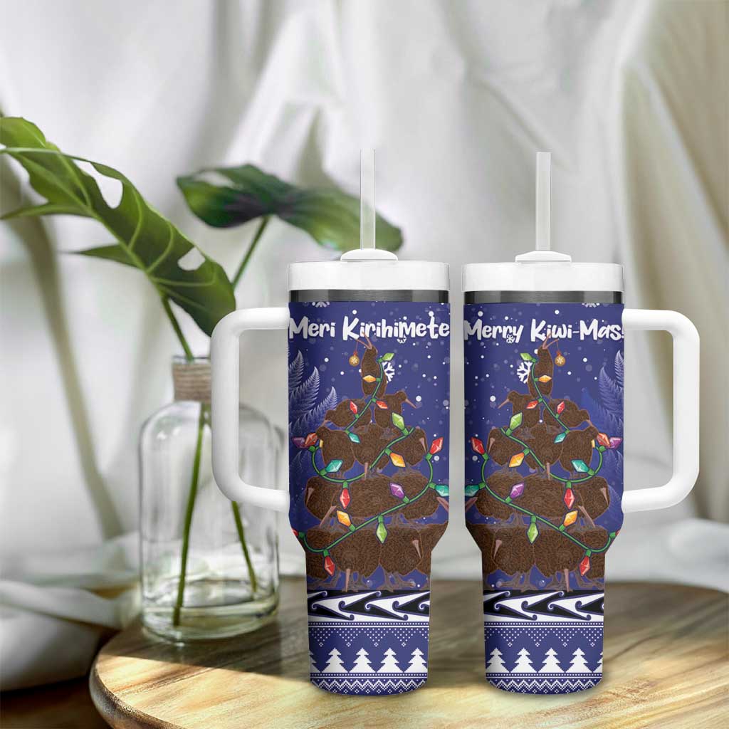 Kiwi New Zealand Christmas Tumbler With Handle Meri Kirihimete Silver Fern - Blue Color LT14 - Polynesian Pride