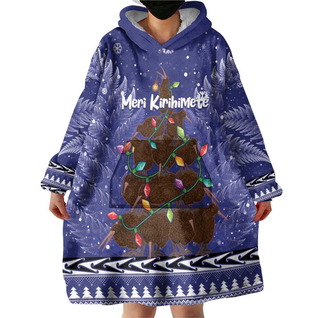 Kiwi New Zealand Christmas Wearable Blanket Hoodie Meri Kirihimete Silver Fern - Blue Color LT14 - Polynesian Pride