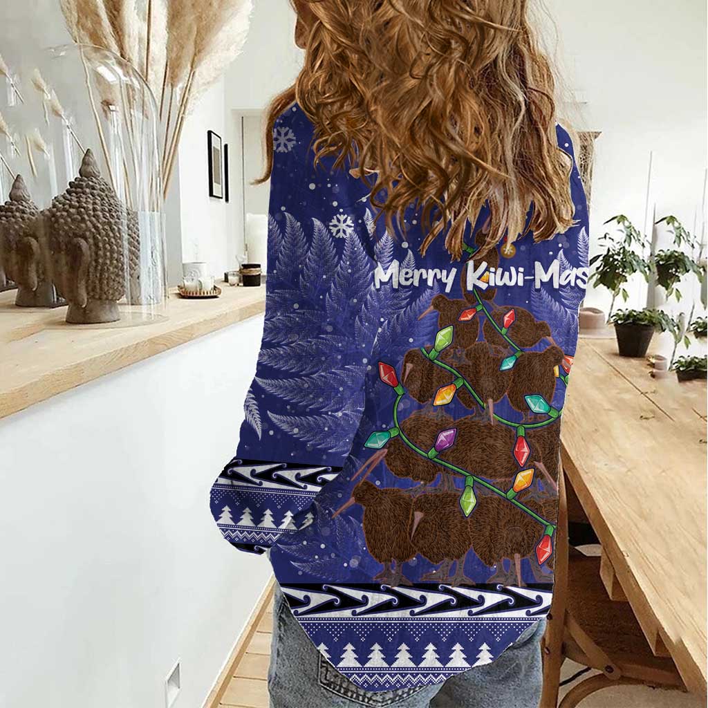 Kiwi New Zealand Christmas Women Casual Shirt Meri Kirihimete Silver Fern - Blue Color LT14 - Polynesian Pride