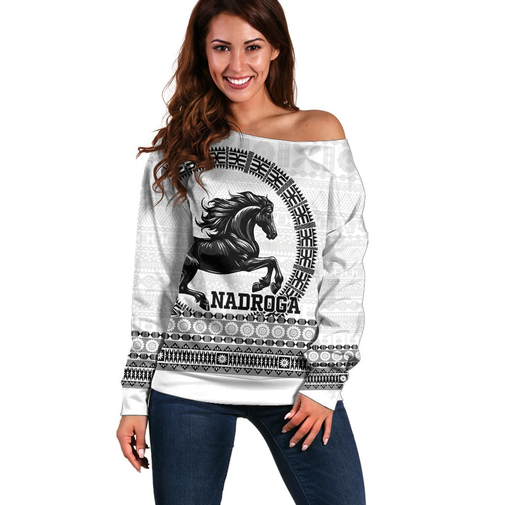 Fiji Nadroga Rugby Personalised Off Shoulder Sweater Go Stallions Fijian Tapa LT14 Women White - Polynesian Pride