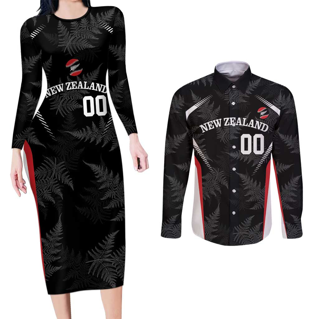 Custom New Zealand Silver Fern Softball Couples Matching Long Sleeve Bodycon Dress and Long Sleeve Button Shirt Go Aotearoa LT14 Black - Polynesian Pride