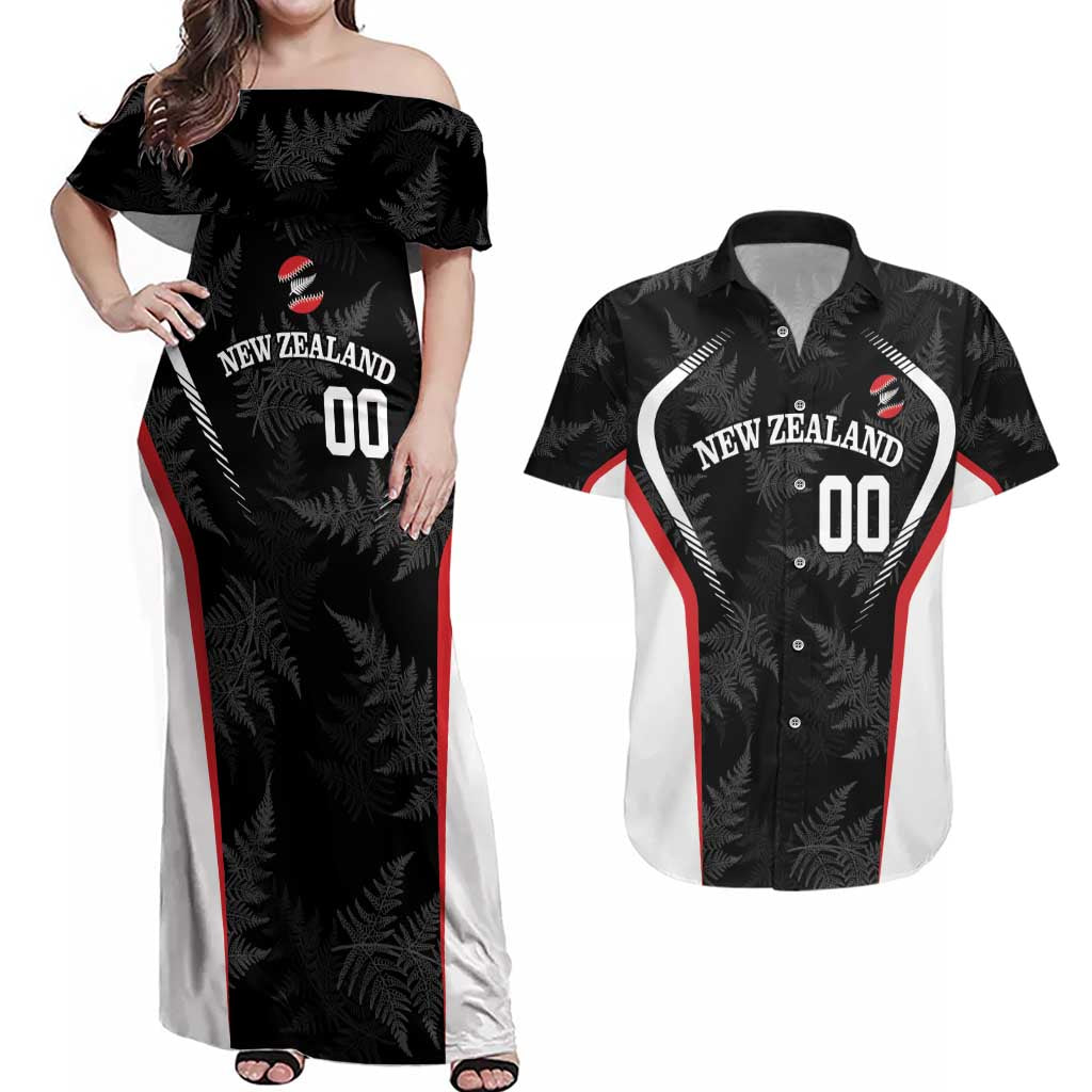 Custom New Zealand Silver Fern Softball Couples Matching Off Shoulder Maxi Dress and Hawaiian Shirt Go Aotearoa LT14 Black - Polynesian Pride