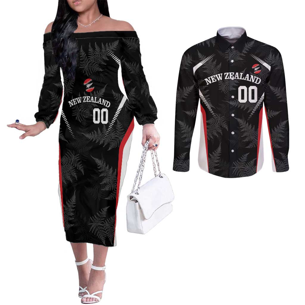 Custom New Zealand Silver Fern Softball Couples Matching Off The Shoulder Long Sleeve Dress and Long Sleeve Button Shirt Go Aotearoa LT14 Black - Polynesian Pride