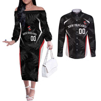 Custom New Zealand Silver Fern Softball Couples Matching Off The Shoulder Long Sleeve Dress and Long Sleeve Button Shirt Go Aotearoa LT14 Black - Polynesian Pride