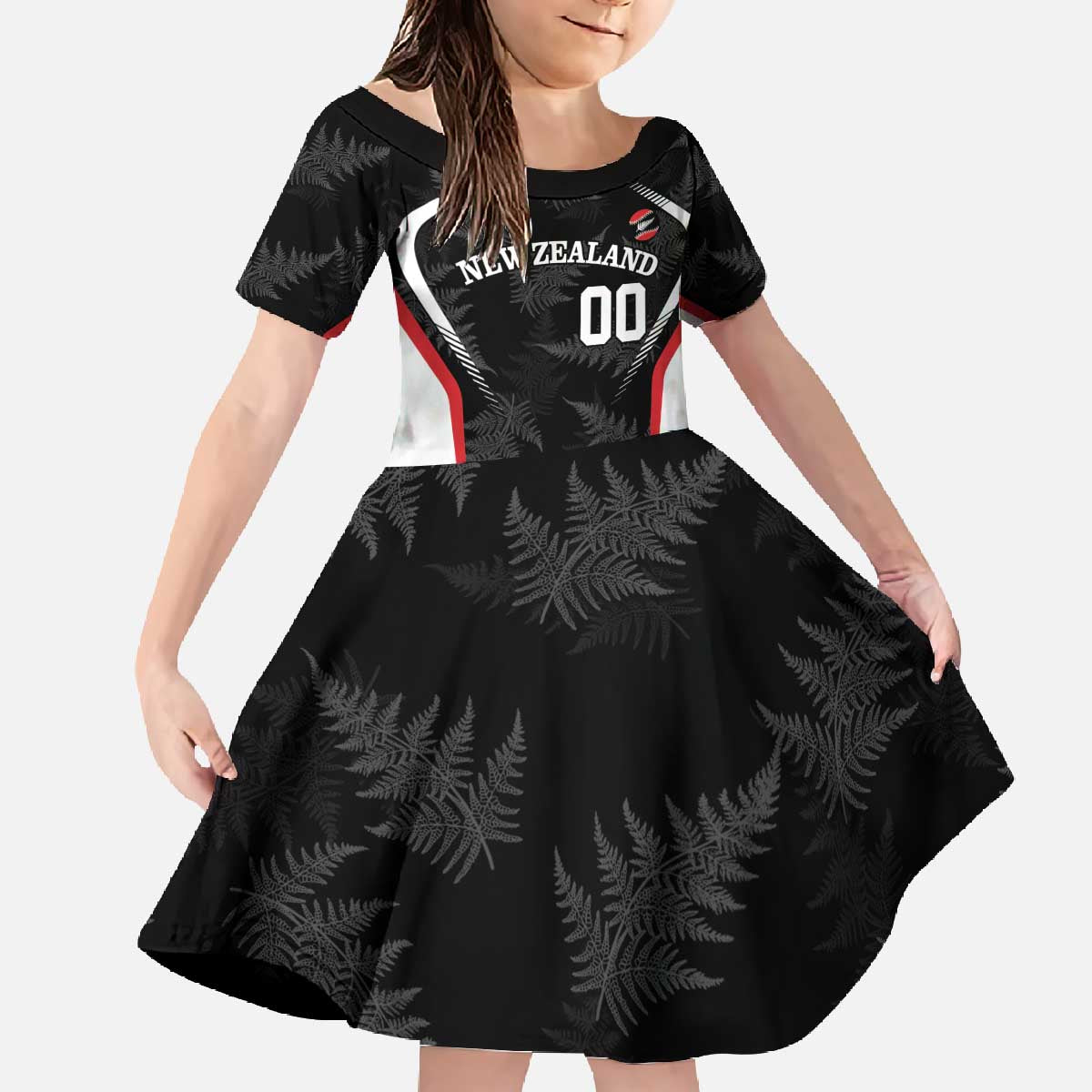 Custom New Zealand Silver Fern Softball Family Matching Off The Shoulder Long Sleeve Dress and Hawaiian Shirt Go Aotearoa LT14 Daughter's Dress Black - Polynesian Pride