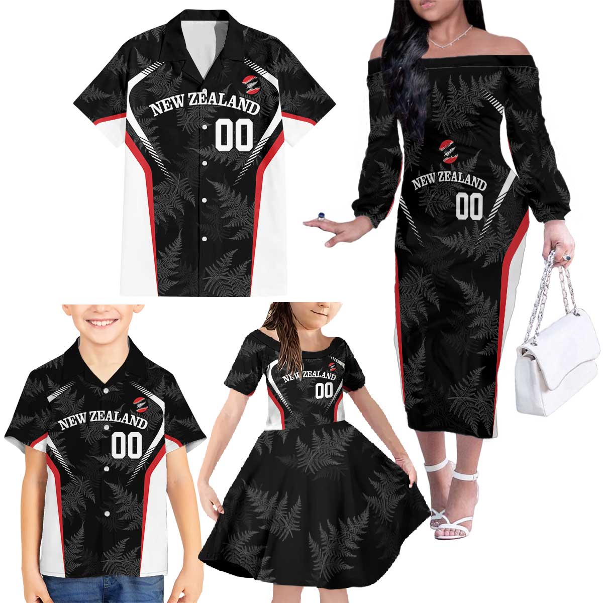 Custom New Zealand Silver Fern Softball Family Matching Off The Shoulder Long Sleeve Dress and Hawaiian Shirt Go Aotearoa LT14 - Polynesian Pride