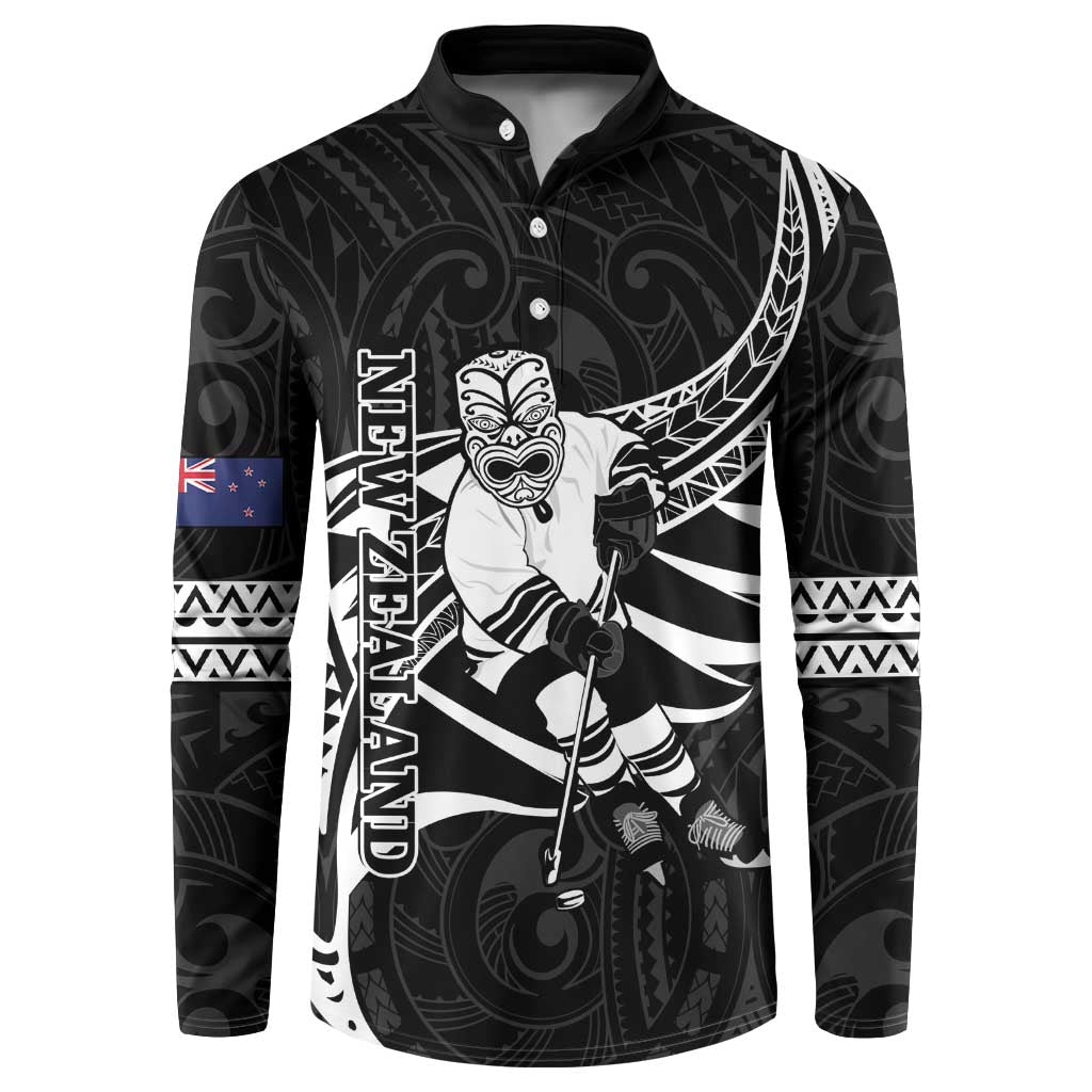 Custom Aotearoa Ice Hockey Button Sweatshirt NZ Tiki Mascot - Maori Pattern LT14 Black - Polynesian Pride