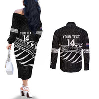 Custom Aotearoa Ice Hockey Couples Matching Off The Shoulder Long Sleeve Dress and Long Sleeve Button Shirt NZ Tiki Mascot - Maori Pattern