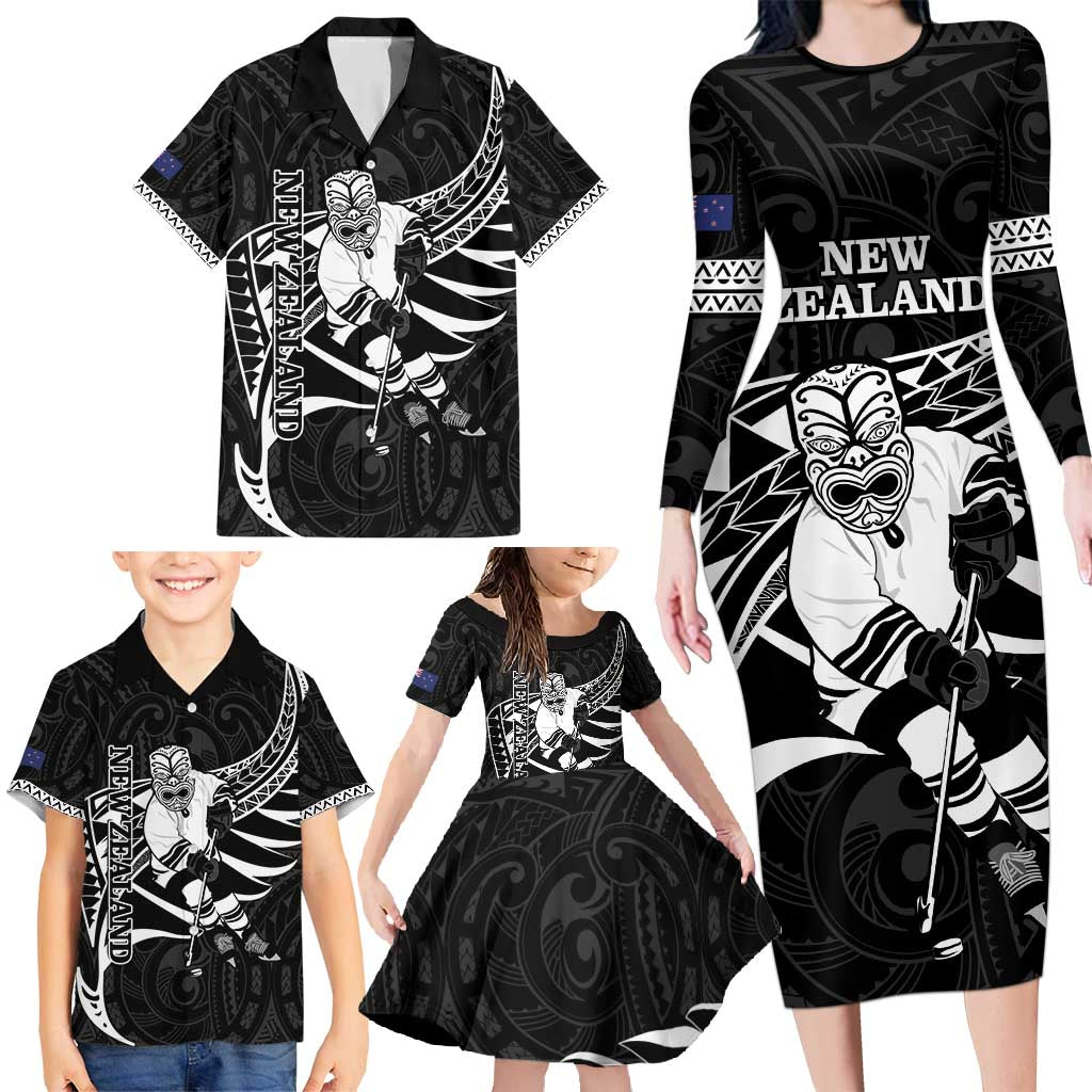 Custom Aotearoa Ice Hockey Family Matching Long Sleeve Bodycon Dress and Hawaiian Shirt NZ Tiki Mascot - Maori Pattern LT14 - Polynesian Pride
