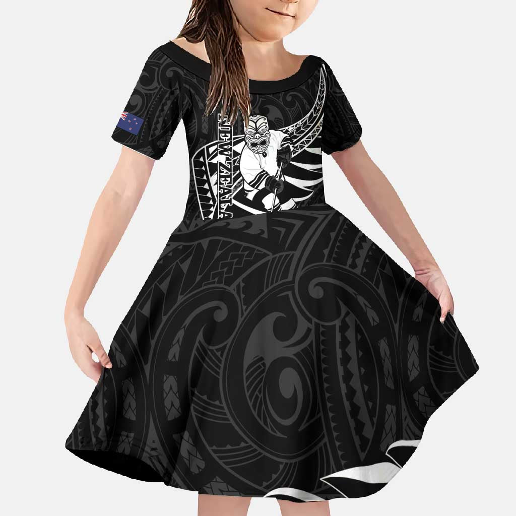 Custom Aotearoa Ice Hockey Family Matching Mermaid Dress and Hawaiian Shirt NZ Tiki Mascot - Maori Pattern LT14 Daughter's Dress Black - Polynesian Pride