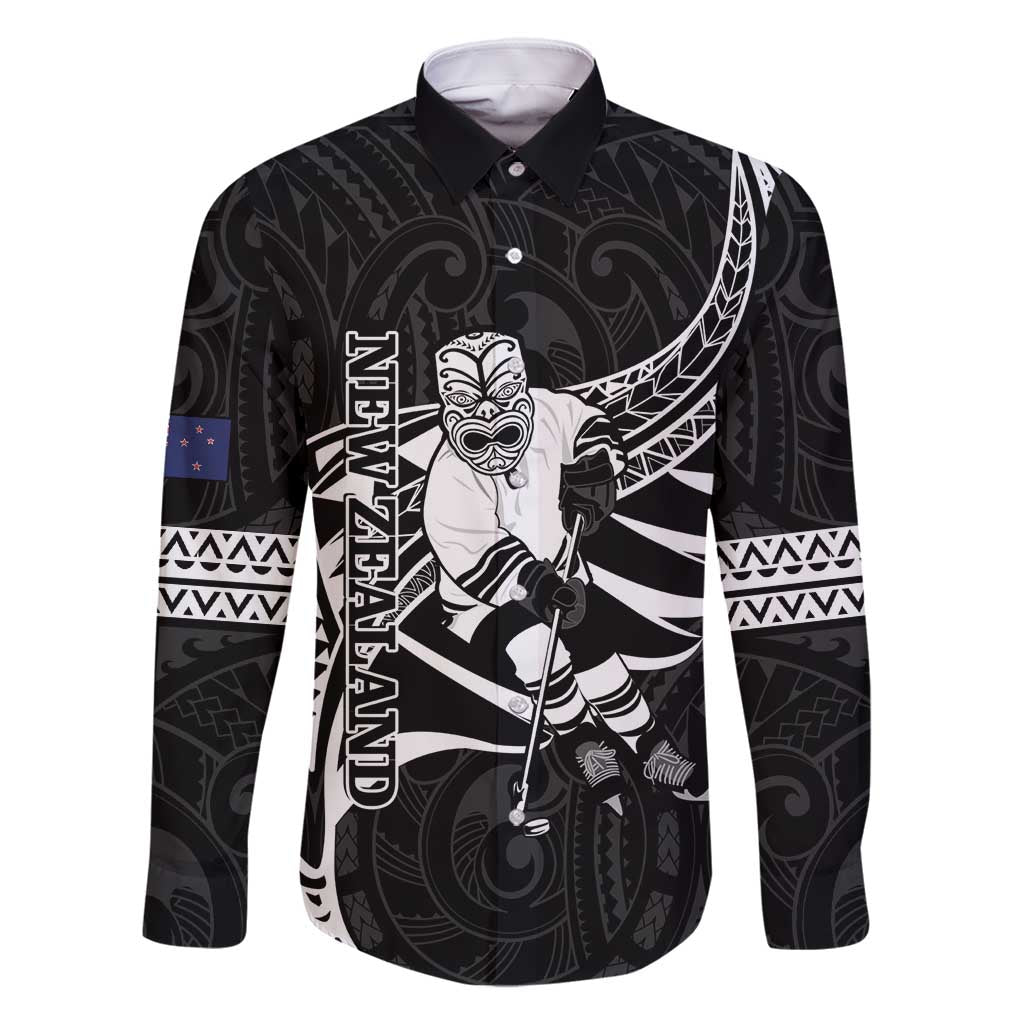 Custom Aotearoa Ice Hockey Family Matching Mermaid Dress and Hawaiian Shirt NZ Tiki Mascot - Maori Pattern LT14 Dad's Shirt - Long Sleeve Black - Polynesian Pride