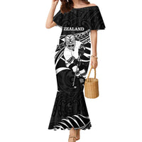 Custom Aotearoa Ice Hockey Family Matching Mermaid Dress and Hawaiian Shirt NZ Tiki Mascot - Maori Pattern LT14 Mom's Dress Black - Polynesian Pride