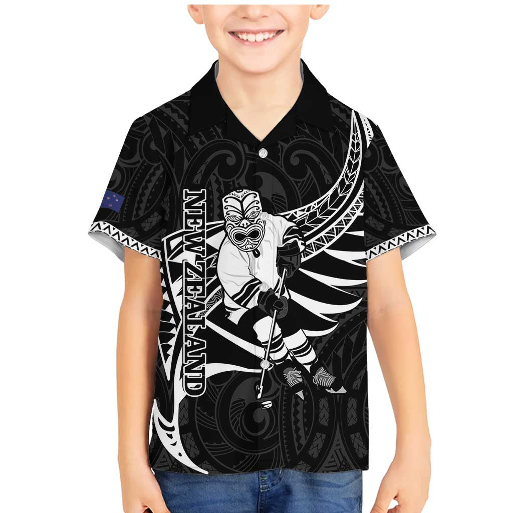 Custom Aotearoa Ice Hockey Family Matching Mermaid Dress and Hawaiian Shirt NZ Tiki Mascot - Maori Pattern LT14 Son's Shirt Black - Polynesian Pride