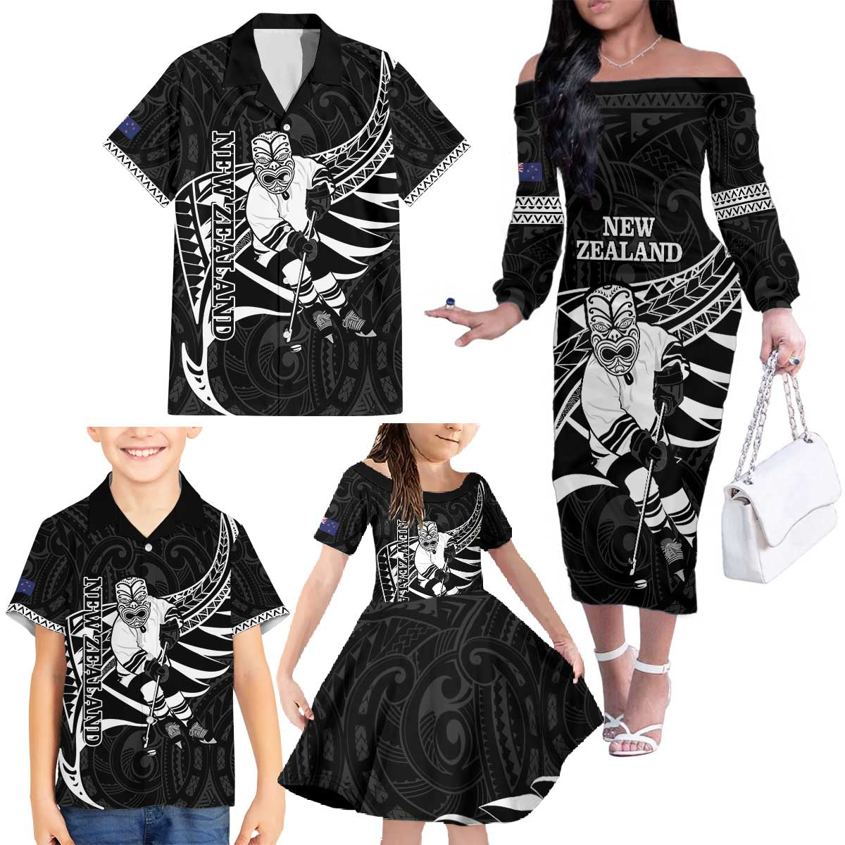 Custom Aotearoa Ice Hockey Family Matching Off The Shoulder Long Sleeve Dress and Hawaiian Shirt NZ Tiki Mascot - Maori Pattern LT14 - Polynesian Pride