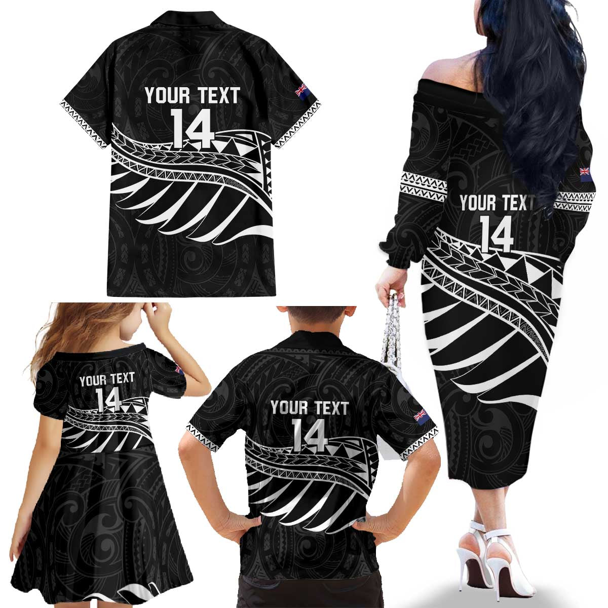 Custom Aotearoa Ice Hockey Family Matching Off The Shoulder Long Sleeve Dress and Hawaiian Shirt NZ Tiki Mascot - Maori Pattern LT14 - Polynesian Pride