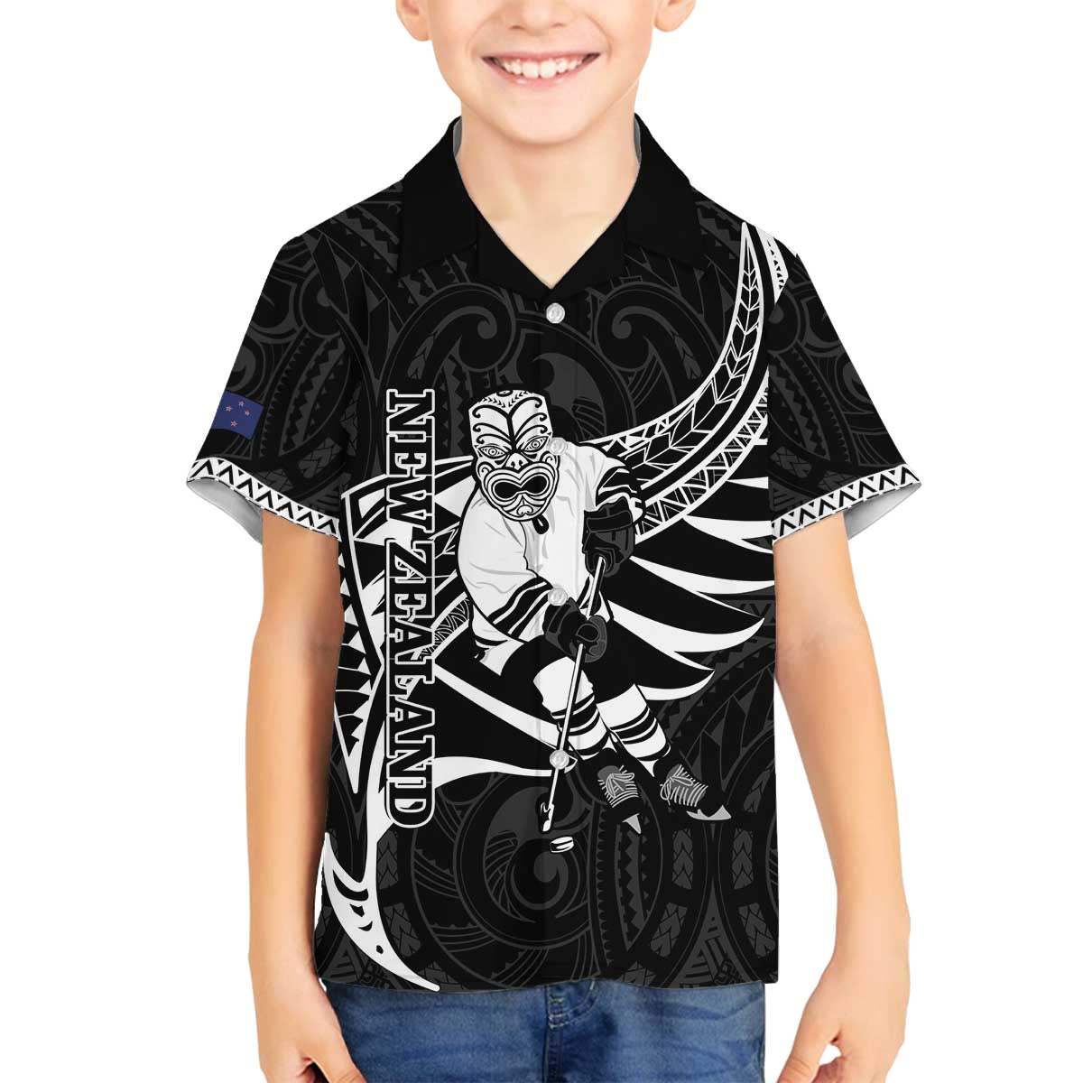 Custom Aotearoa Ice Hockey Family Matching Off The Shoulder Long Sleeve Dress and Hawaiian Shirt NZ Tiki Mascot - Maori Pattern LT14 Son's Shirt Black - Polynesian Pride