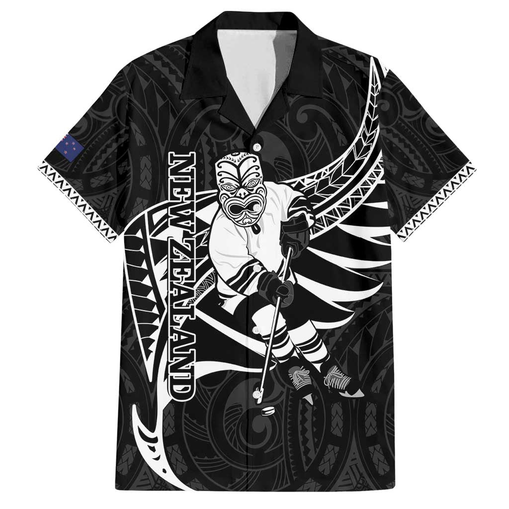 Custom Aotearoa Ice Hockey Family Matching Off Shoulder Short Dress and Hawaiian Shirt NZ Tiki Mascot - Maori Pattern LT14 Dad's Shirt - Short Sleeve Black - Polynesian Pride