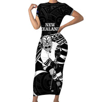 Custom Aotearoa Ice Hockey Family Matching Short Sleeve Bodycon Dress and Hawaiian Shirt NZ Tiki Mascot - Maori Pattern LT14 Mom's Dress Black - Polynesian Pride