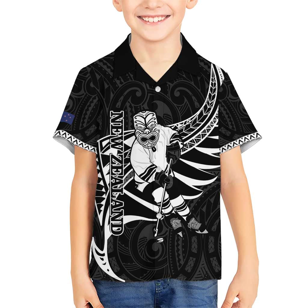 Custom Aotearoa Ice Hockey Family Matching Short Sleeve Bodycon Dress and Hawaiian Shirt NZ Tiki Mascot - Maori Pattern LT14 Son's Shirt Black - Polynesian Pride
