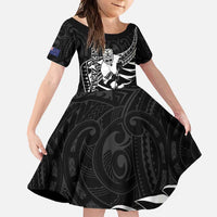 Custom Aotearoa Ice Hockey Family Matching Tank Maxi Dress and Hawaiian Shirt NZ Tiki Mascot - Maori Pattern LT14 Daughter's Dress Black - Polynesian Pride