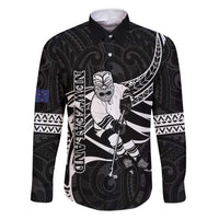 Custom Aotearoa Ice Hockey Family Matching Tank Maxi Dress and Hawaiian Shirt NZ Tiki Mascot - Maori Pattern LT14 Dad's Shirt - Long Sleeve Black - Polynesian Pride