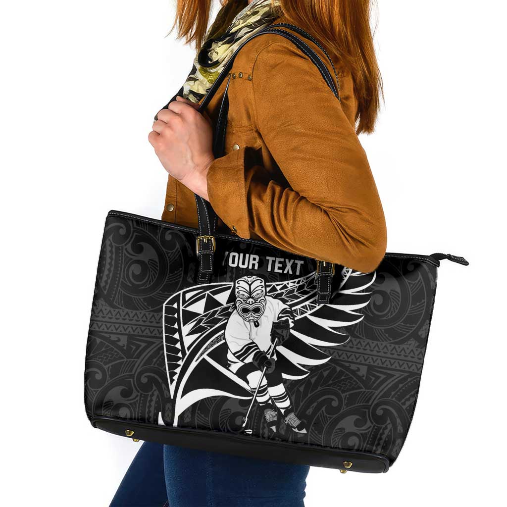 Custom Aotearoa Ice Hockey Leather Tote Bag NZ Tiki Mascot - Maori Pattern LT14 Black - Polynesian Pride