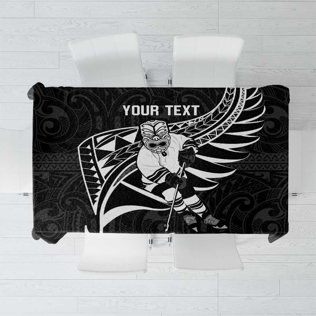 Custom Aotearoa Ice Hockey Tablecloth NZ Tiki Mascot - Maori Pattern LT14 Black - Polynesian Pride