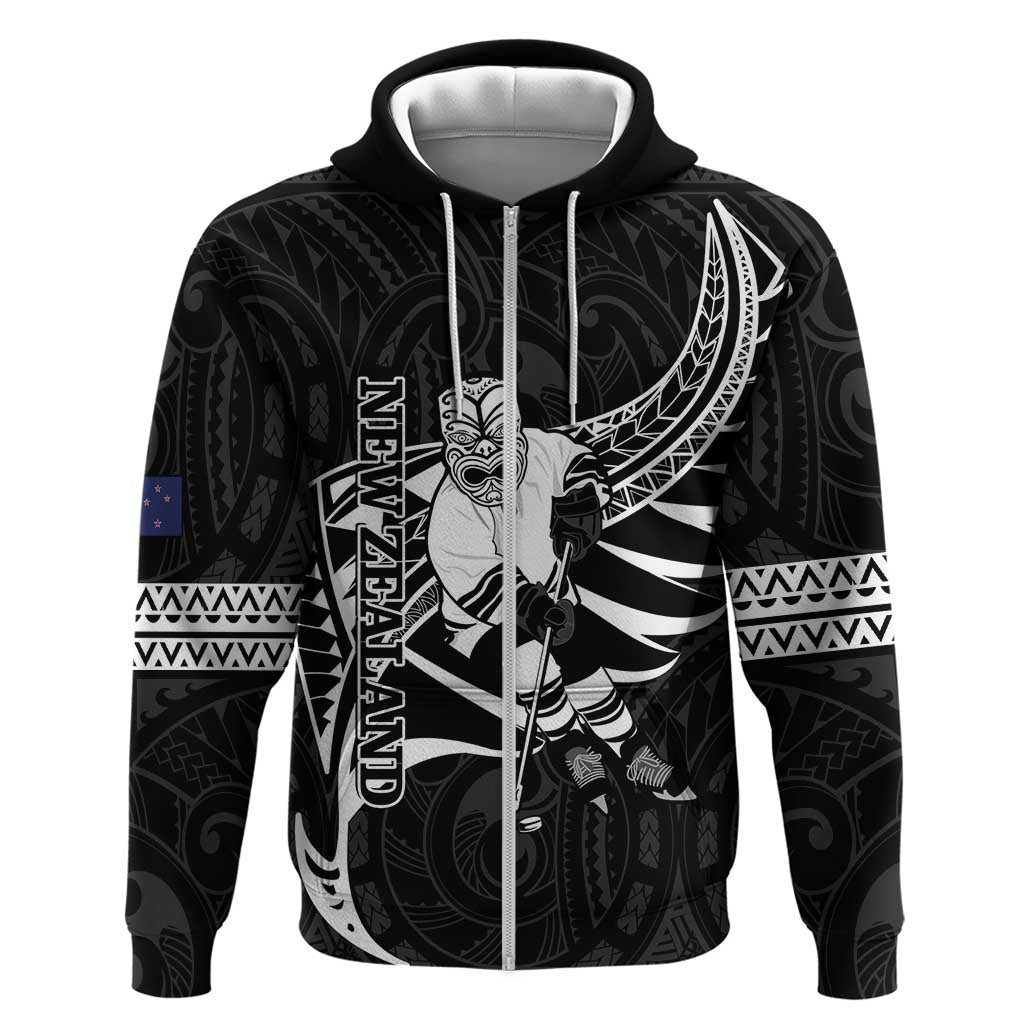 Custom Aotearoa Ice Hockey Zip Hoodie NZ Tiki Mascot - Maori Pattern LT14 Zip Hoodie Black - Polynesian Pride