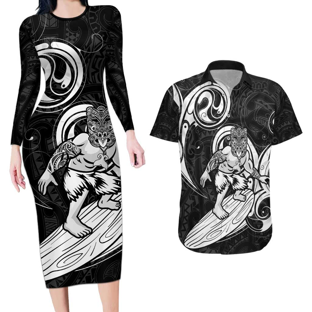 Personalised New Zealand Surfing Couples Matching Long Sleeve Bodycon Dress and Hawaiian Shirt Aotearoa Maori Tiki Haka LT14 Black - Polynesian Pride