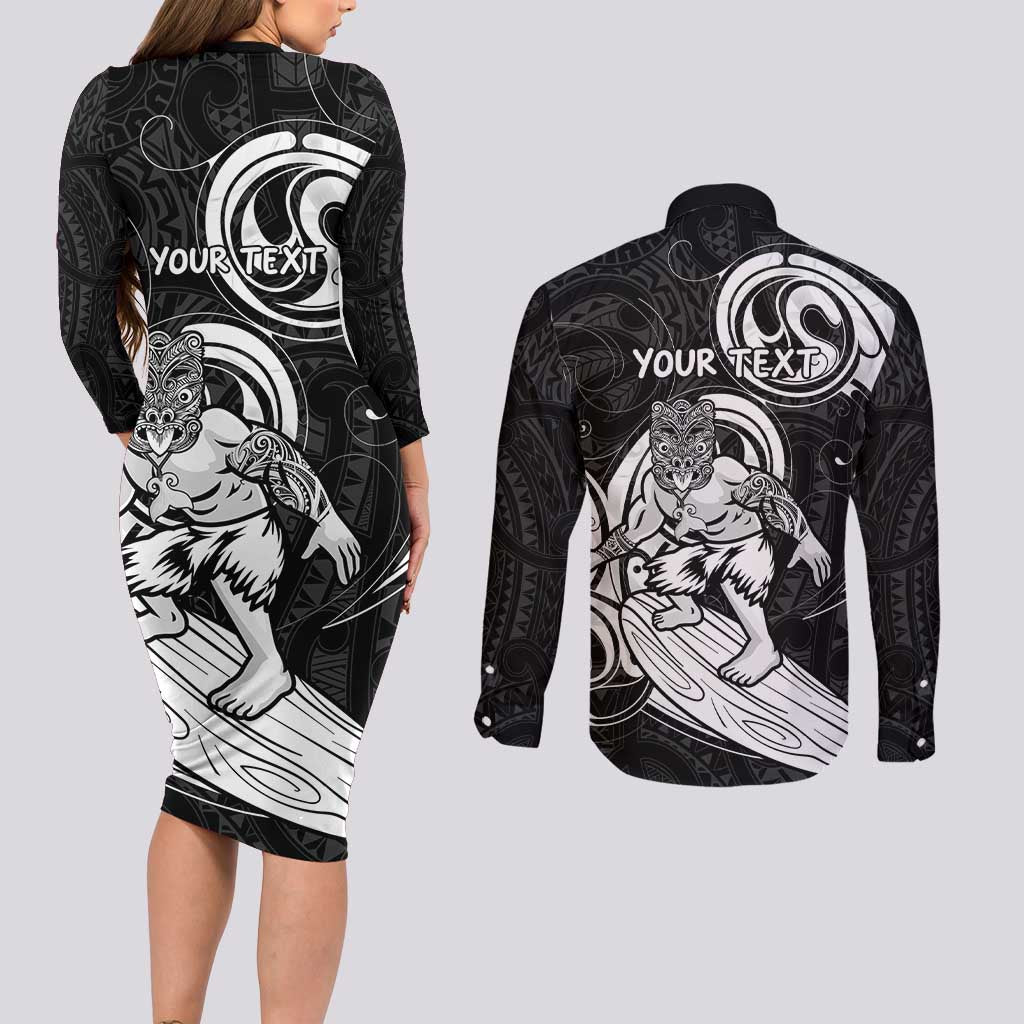 Personalised New Zealand Surfing Couples Matching Long Sleeve Bodycon Dress and Long Sleeve Button Shirt Aotearoa Maori Tiki Haka