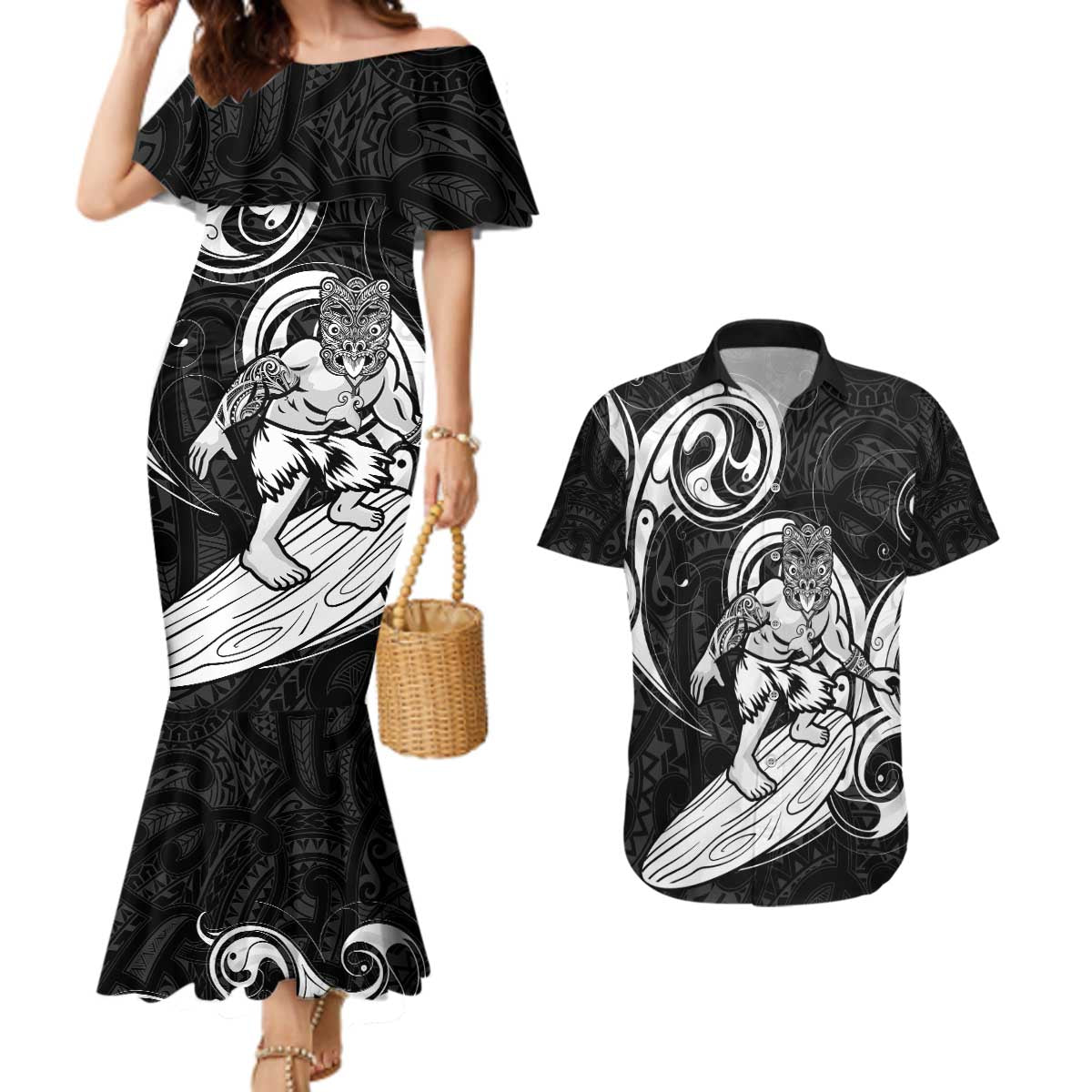 Personalised New Zealand Surfing Couples Matching Mermaid Dress and Hawaiian Shirt Aotearoa Maori Tiki Haka LT14 Black - Polynesian Pride