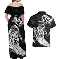 Personalised New Zealand Surfing Couples Matching Off Shoulder Maxi Dress and Hawaiian Shirt Aotearoa Maori Tiki Haka LT14 - Polynesian Pride