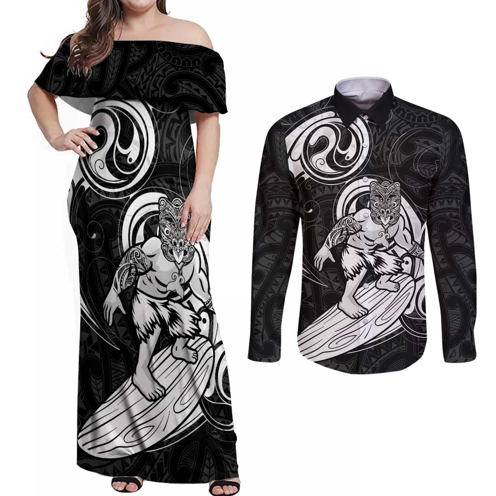 Personalised New Zealand Surfing Couples Matching Off Shoulder Maxi Dress and Long Sleeve Button Shirt Aotearoa Maori Tiki Haka