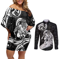 Personalised New Zealand Surfing Couples Matching Off Shoulder Short Dress and Long Sleeve Button Shirt Aotearoa Maori Tiki Haka