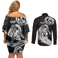 Personalised New Zealand Surfing Couples Matching Off Shoulder Short Dress and Long Sleeve Button Shirt Aotearoa Maori Tiki Haka