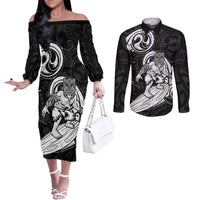 Personalised New Zealand Surfing Couples Matching Off The Shoulder Long Sleeve Dress and Long Sleeve Button Shirt Aotearoa Maori Tiki Haka