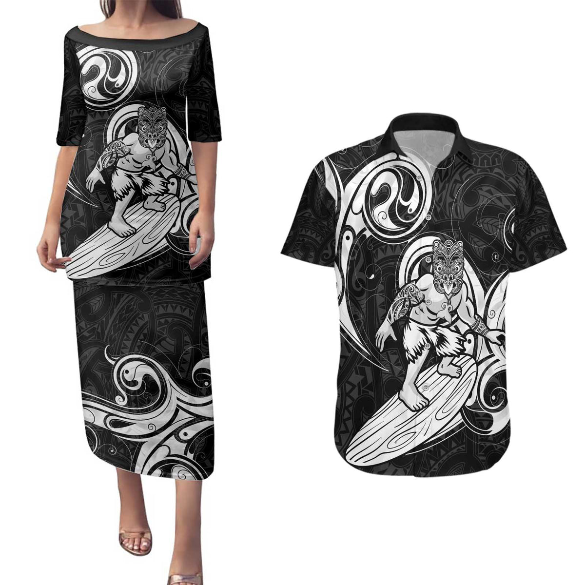 Personalised New Zealand Surfing Couples Matching Puletasi and Hawaiian Shirt Aotearoa Maori Tiki Haka