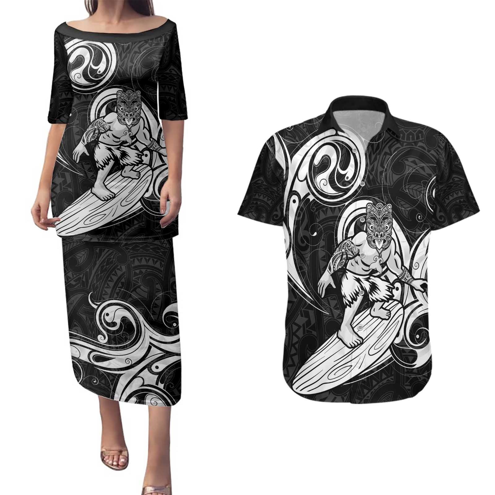 Personalised New Zealand Surfing Couples Matching Puletasi and Hawaiian Shirt Aotearoa Maori Tiki Haka
