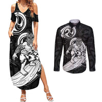 Personalised New Zealand Surfing Couples Matching Summer Maxi Dress and Long Sleeve Button Shirt Aotearoa Maori Tiki Haka