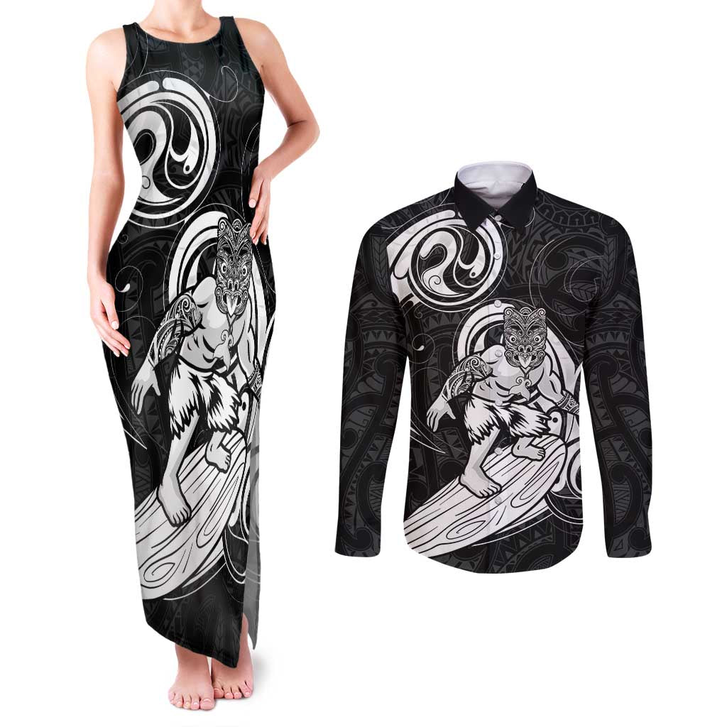 Personalised New Zealand Surfing Couples Matching Tank Maxi Dress and Long Sleeve Button Shirt Aotearoa Maori Tiki Haka