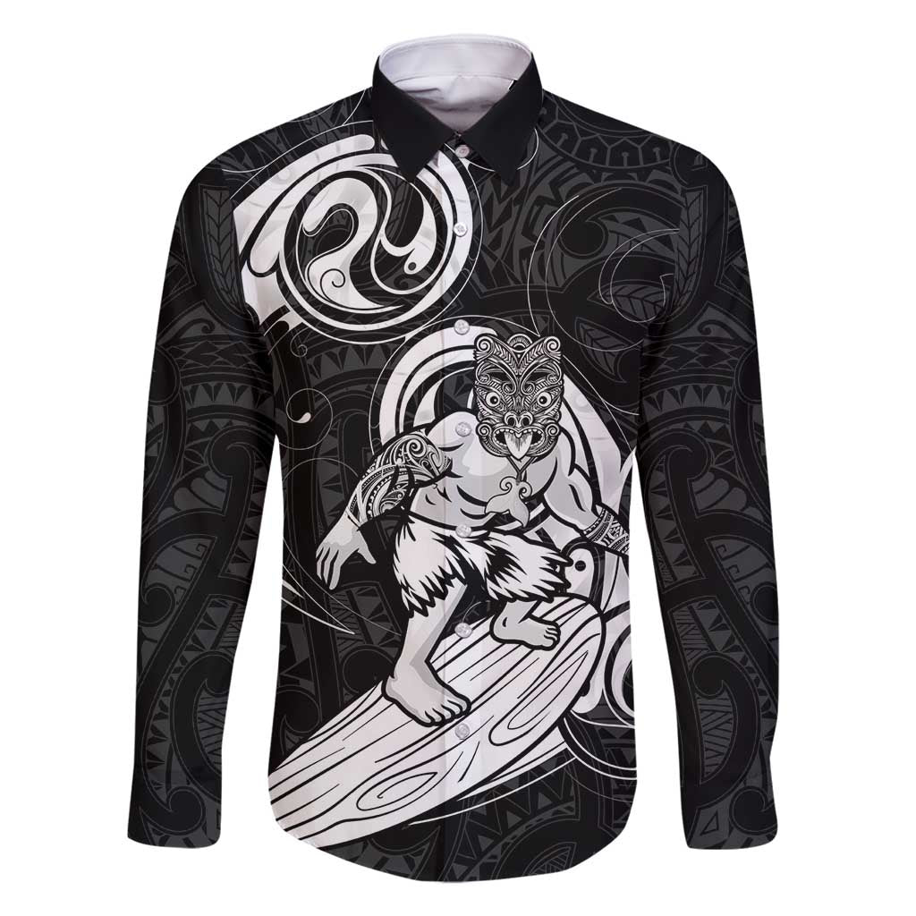 Personalised New Zealand Surfing Family Matching Mermaid Dress and Hawaiian Shirt Aotearoa Maori Tiki Haka LT14 Dad's Shirt - Long Sleeve Black - Polynesian Pride