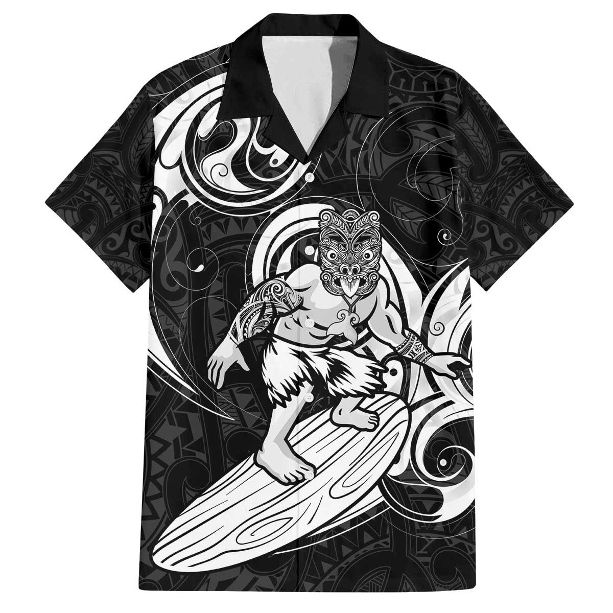 Personalised New Zealand Surfing Family Matching Off The Shoulder Long Sleeve Dress and Hawaiian Shirt Aotearoa Maori Tiki Haka LT14 Dad's Shirt - Short Sleeve Black - Polynesian Pride