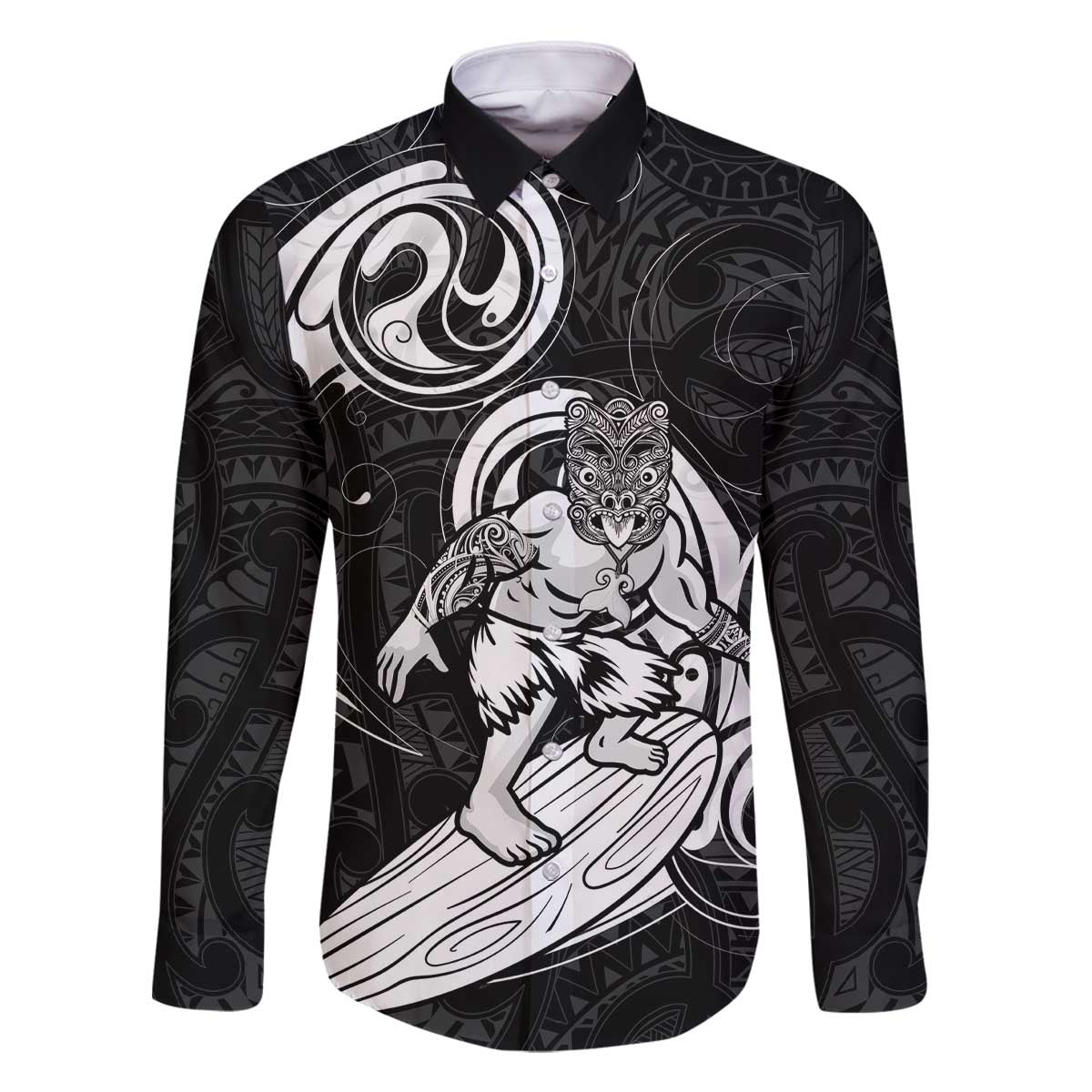 Personalised New Zealand Surfing Family Matching Off The Shoulder Long Sleeve Dress and Hawaiian Shirt Aotearoa Maori Tiki Haka LT14 Dad's Shirt - Long Sleeve Black - Polynesian Pride