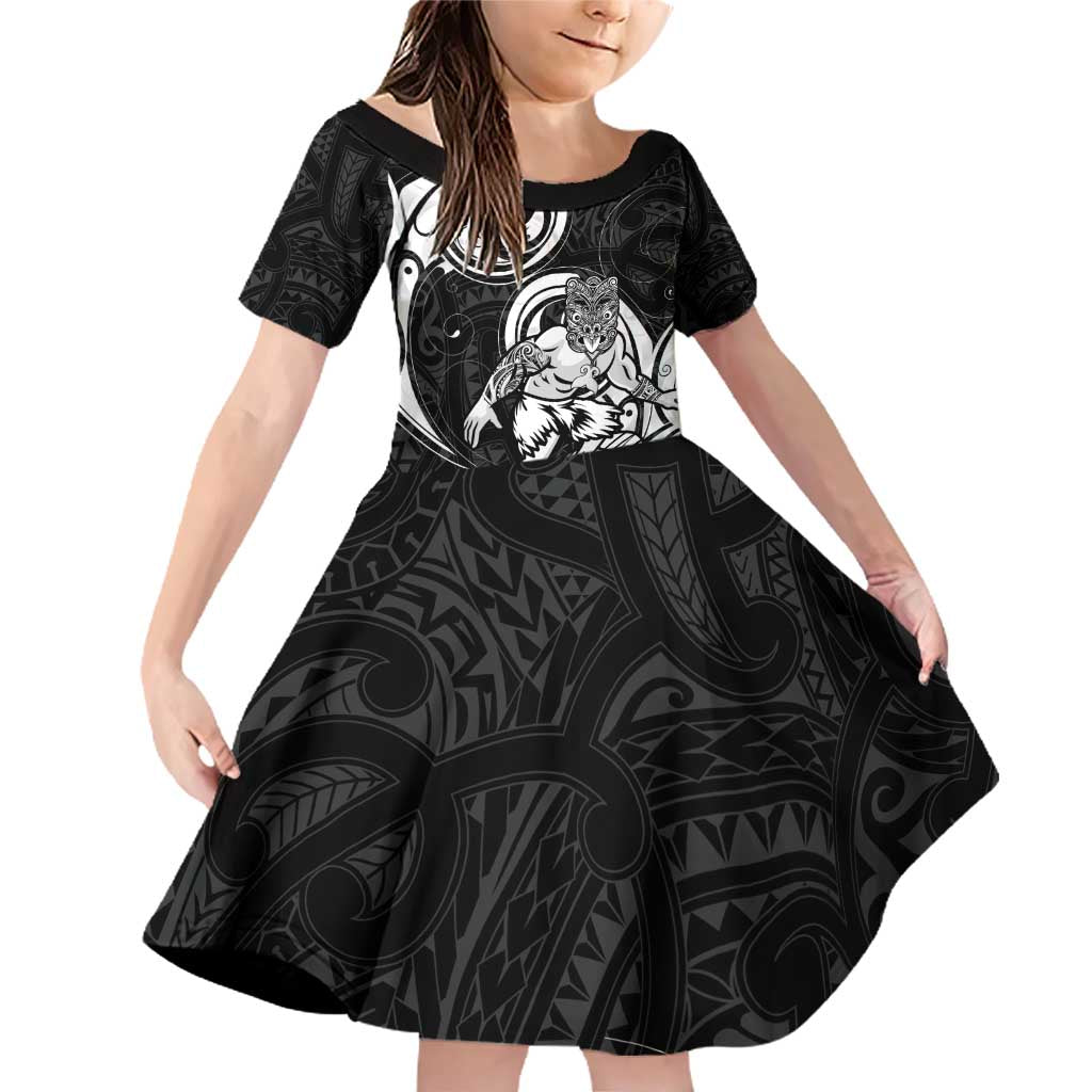 Personalised New Zealand Surfing Family Matching Off Shoulder Short Dress and Hawaiian Shirt Aotearoa Maori Tiki Haka LT14 Daughter's Dress Black - Polynesian Pride