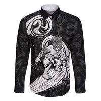 Personalised New Zealand Surfing Family Matching Puletasi and Hawaiian Shirt Aotearoa Maori Tiki Haka LT14 Dad's Shirt - Long Sleeve Black - Polynesian Pride