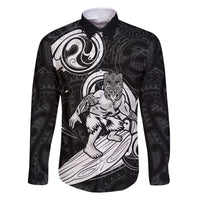 Personalised New Zealand Surfing Family Matching Tank Maxi Dress and Hawaiian Shirt Aotearoa Maori Tiki Haka LT14 Dad's Shirt - Long Sleeve Black - Polynesian Pride