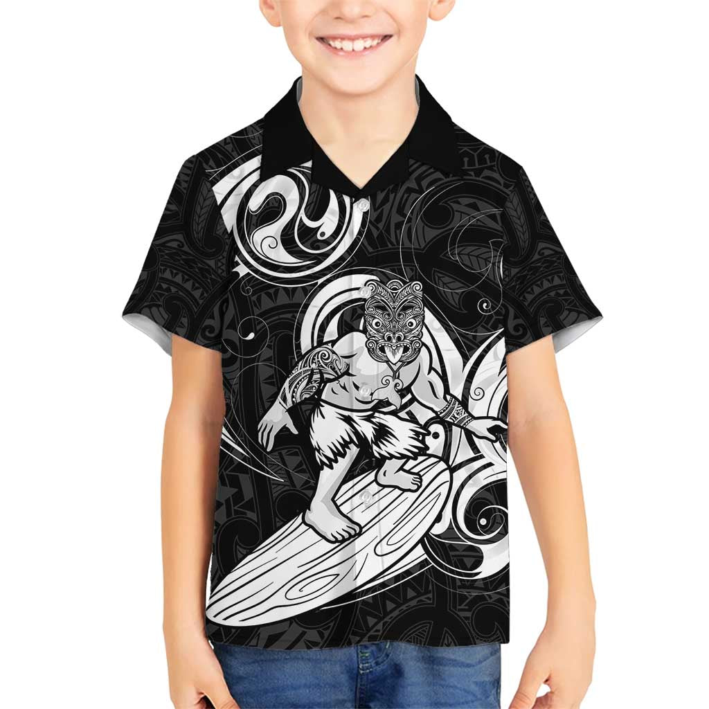 Personalised New Zealand Surfing Family Matching Tank Maxi Dress and Hawaiian Shirt Aotearoa Maori Tiki Haka LT14 Son's Shirt Black - Polynesian Pride