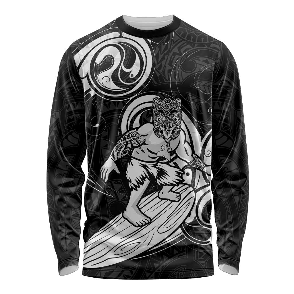 Personalised New Zealand Surfing Long Sleeve Shirt Aotearoa Maori Tiki Haka LT14 Unisex Black - Polynesian Pride
