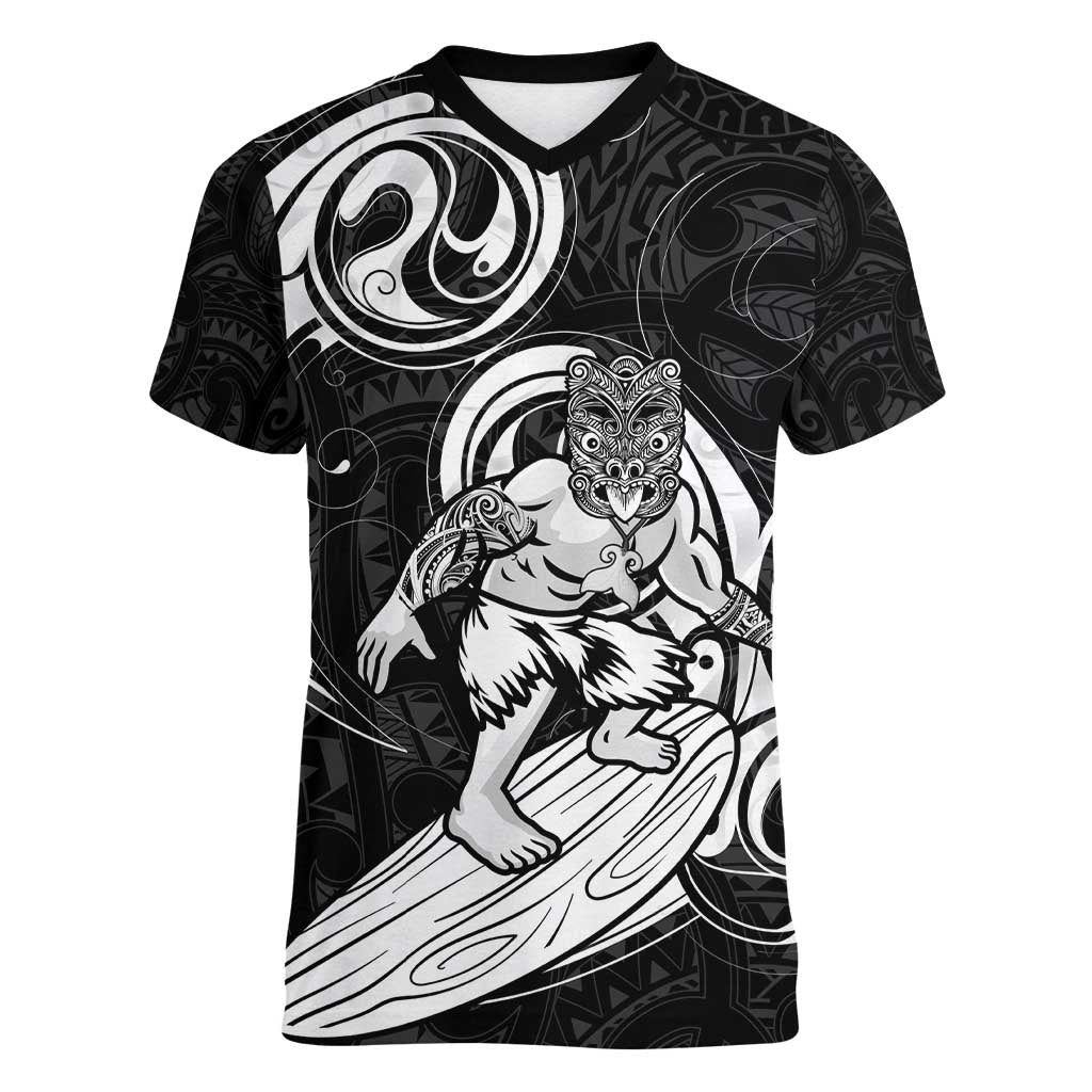 Personalised New Zealand Surfing Women V-Neck T-Shirt Aotearoa Maori Tiki Haka